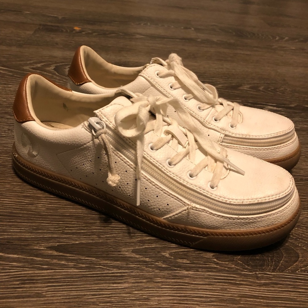 Billy Brand, White and tan women’s low top sneaker, size 8.5, zip-up sneaker